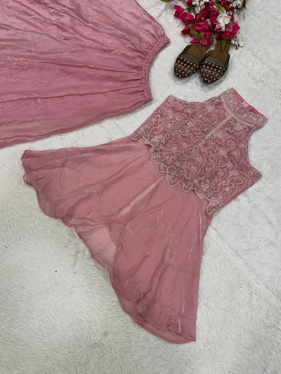 Elegant Blush Pink Peplum Kurti and Flared Palazzo Set Embellished with Delicate Resham Embroidery and Mirror Work